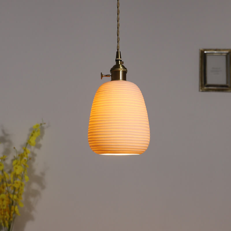 Nordische Japanische Keramik Messing Oval 1-Licht Pendelleuchte 