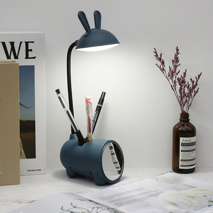 Lampe de bureau LED tactile USB avec porte-stylo et lapin créatif de dessin animé 