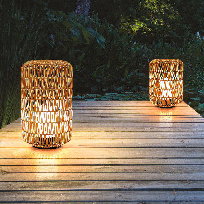 Japanese Simple Rattan Column Waterproof 1-Light Outdoor Lawn Floor Lamp