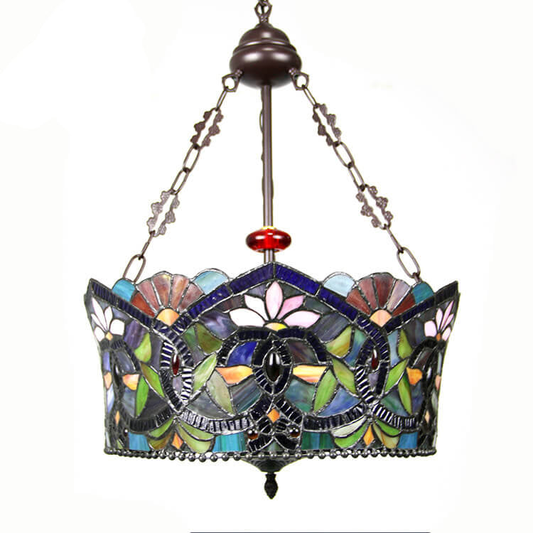 European Tiffany Flower Leaf Stained Glass 3-Light Chandelier