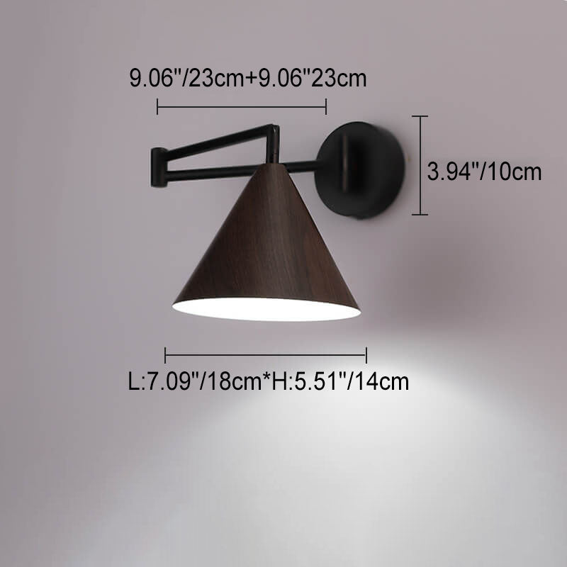 Nordic Minimalist Cone Swing Arm Wood Grain Iron 1-Light Wall Sconce Lamp