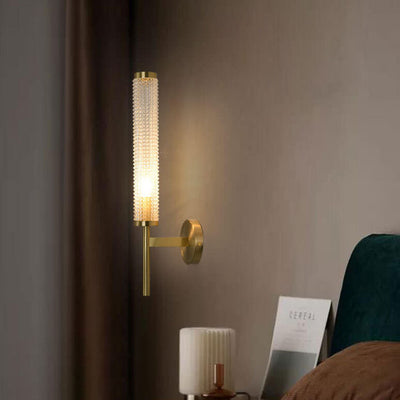 Modern Luxury Brass Crystal Long Column Straight Arm LED Wall Sconce Lamp