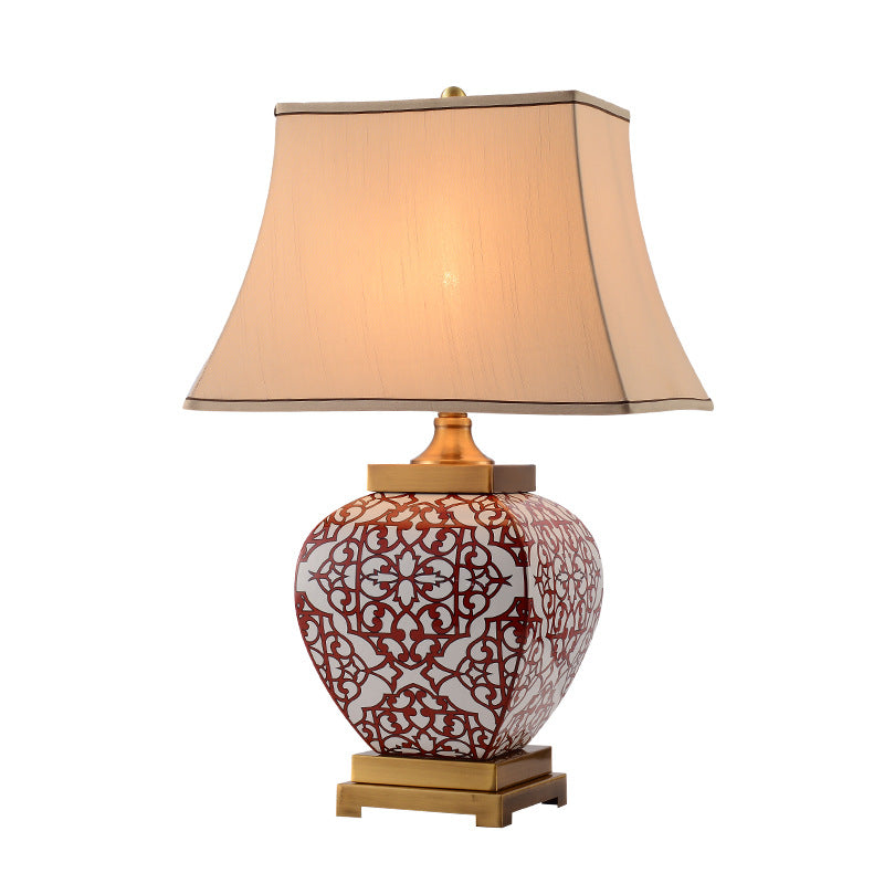 Modern Chinese Red Auspicious Ceramic  Fabric 1-Light Table Lamp