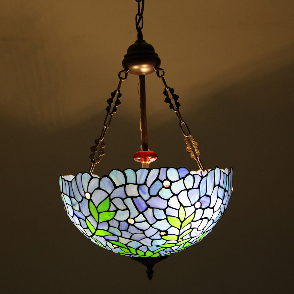 Lámpara de araña redonda de 3 luces de estilo vintage tradicional Tiffany con herrajes y vidrio teñido violeta 