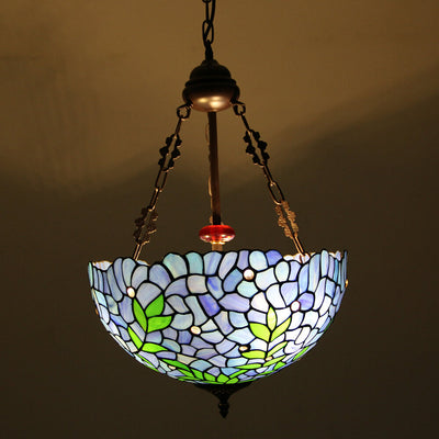 Vintage Tiffany Violet Stained Glass Round 3-Light Chandelier