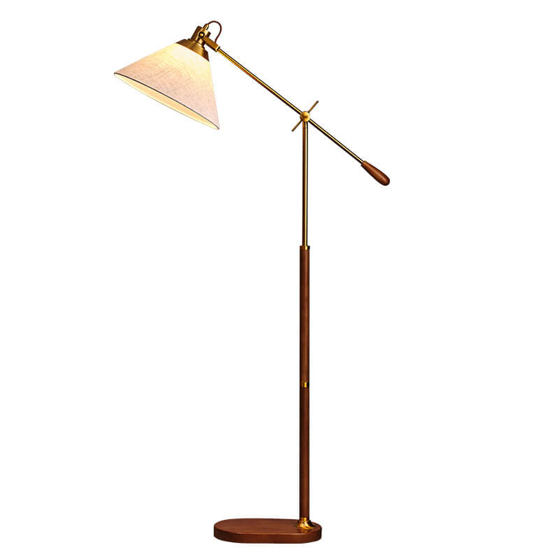 Traditional Vintage Fabric Cone Metal Ash Wood 1-Light Standing Floor Lamp For Bedroom