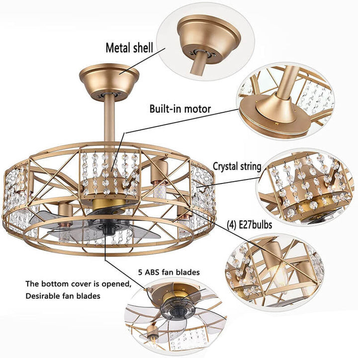 Modern Luxury Gold Drum Crystal 4-Light Downrods Ceiling Fan Light