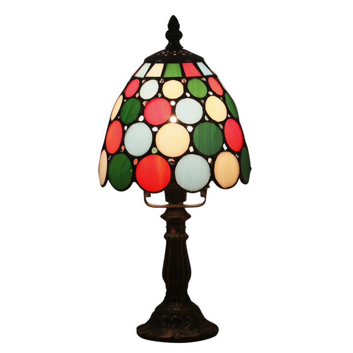 Lámpara de mesa Tiffany tradicional redonda de aleación y vidrio con pantalla cónica tipo domo de 1 luz para dormitorio 