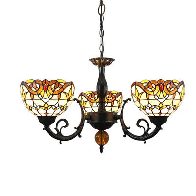 Vintage Tiffany Baroque Stained Glass 3-Light Chandelier