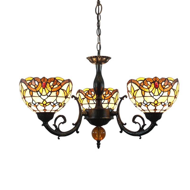 Vintage Tiffany Baroque Stained Glass 3-Light Chandelier
