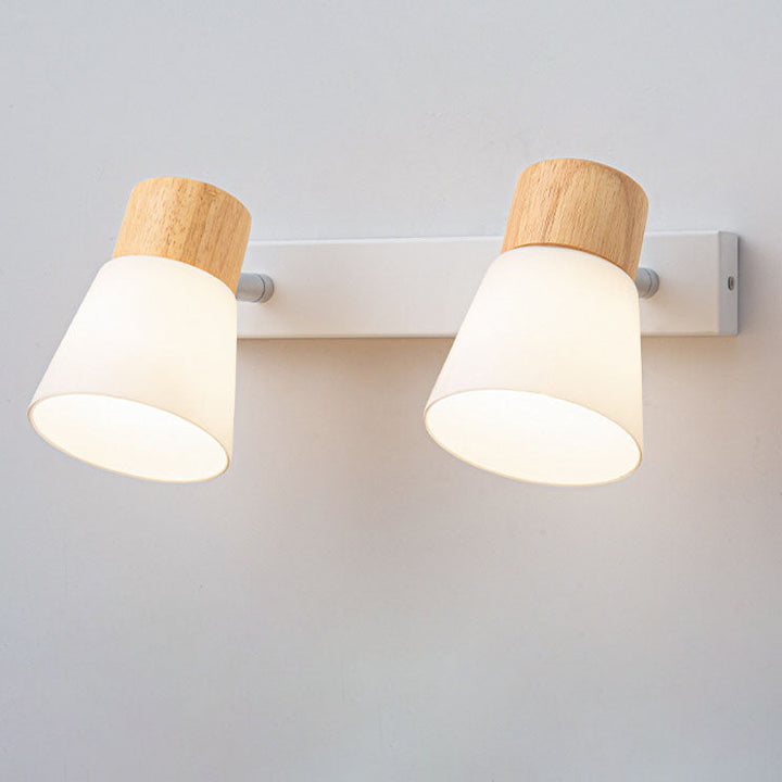 Modern Minimalist Rubberwood Glass Cone Rotatable 1/2 Light Wall Sconce Lamp For Living Room &amp; Bedroom