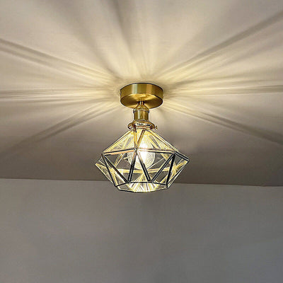 Modern Brass Glass Diamond 1-Light Semi-Flush Mount Ceiling Light