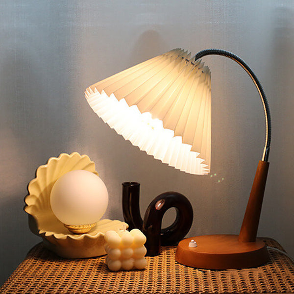 Lámpara de mesa de 1 luz con base de madera maciza plisada vintage francesa y brazo curvado 