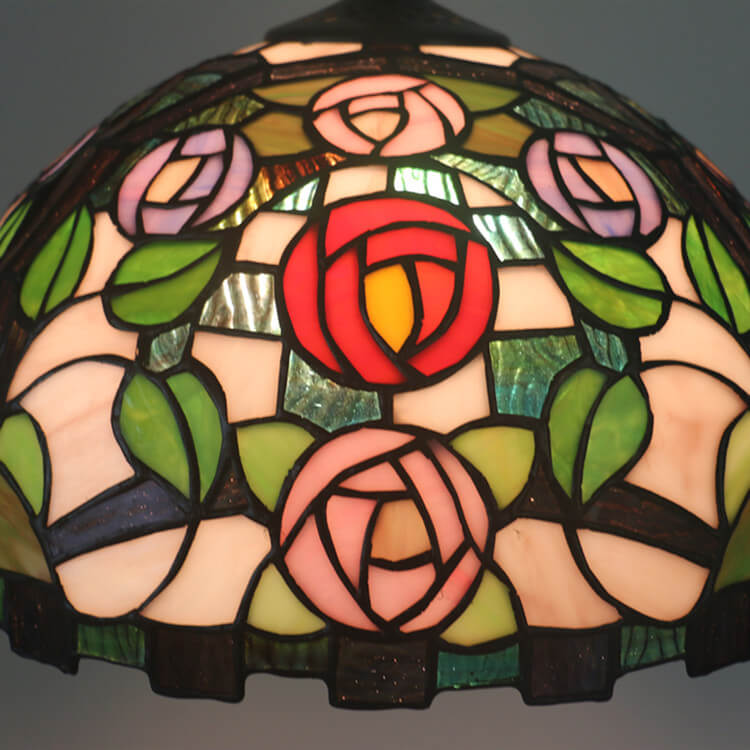 Vintage Tiffany Rose Stained Glass Dome 1-Light Pendant Light