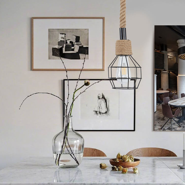 Luminaire suspendu à 1 lumière en corde de chanvre et rotin nostalgique de style industriel 