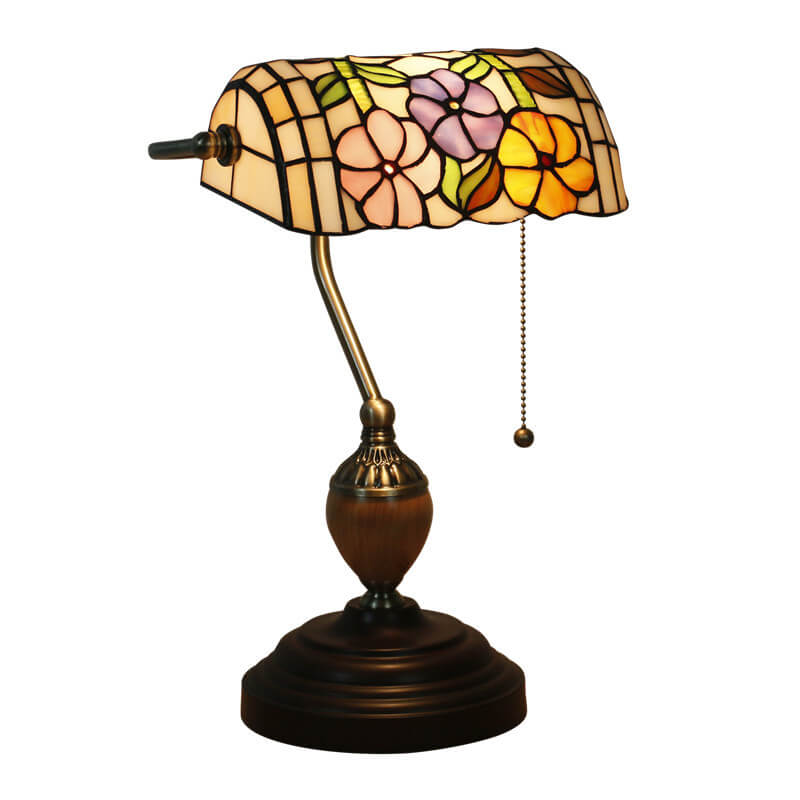 Europäische Tiffany-Blumen-Glas 1-Licht Banker Tischlampe 