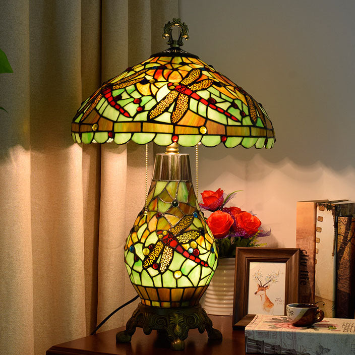 Lampe de table à 3 lumières avec base ovale et libellule verte Tiffany européenne 