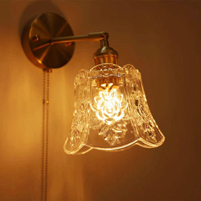 Lámpara de pared de 1 luz de latón y vidrio simple de lujo ligero francés con cable de tiro 