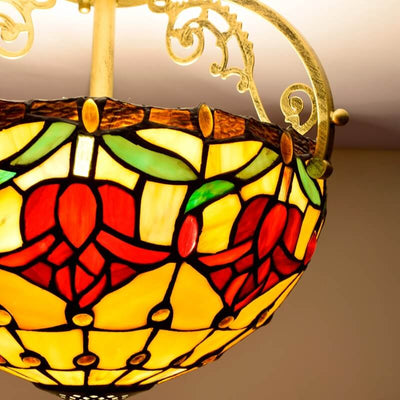 European Tiffany Red Tulip Stained Glass 2-Light Semi-Flush Mount Ceiling Light