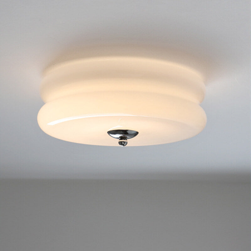 French Minimalist Cream Glass Round LED Flush Mount Ceiling Light