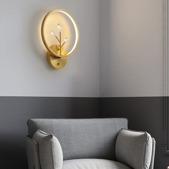 Modern Luxury Brass Crystal Tree Branch Circle LED Wall Sconce Lamp