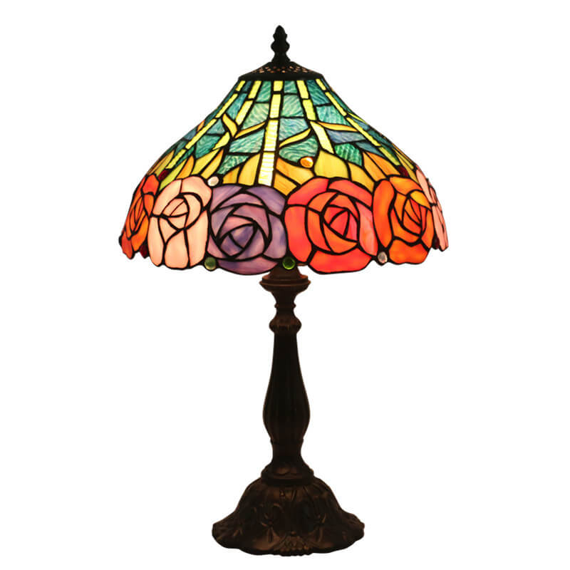 Vintage Tiffany Roses Stained Glass Cone 1-Light Table Lamp