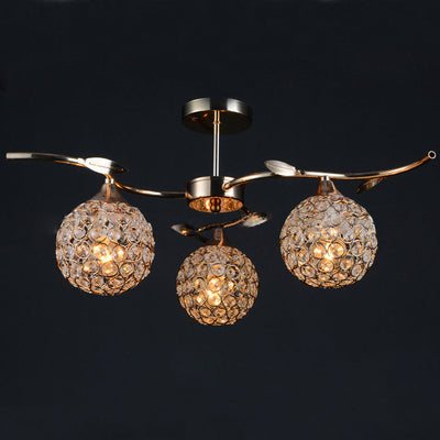 Modern Art Deco Round Hollowed Out Orb Iron Crystal 3-Light Semi-Flush Mount Ceiling Light For Living Room