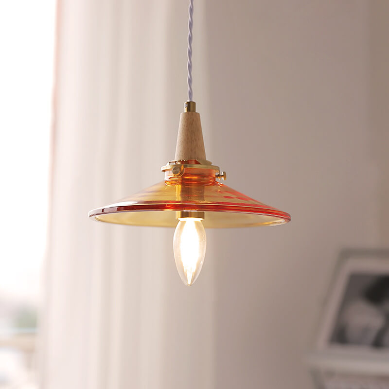Vintage Orange Glass Cone Solid Wood 1-Light Pendant Light