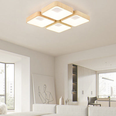 Japanese Simple Square Geometric Iron Woodgrain LED Flush Mount Ceiling Light