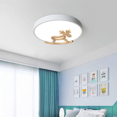 Macaron Creative Wooden Horse Shape Round LED Kids Flush Mount Ceiling Light