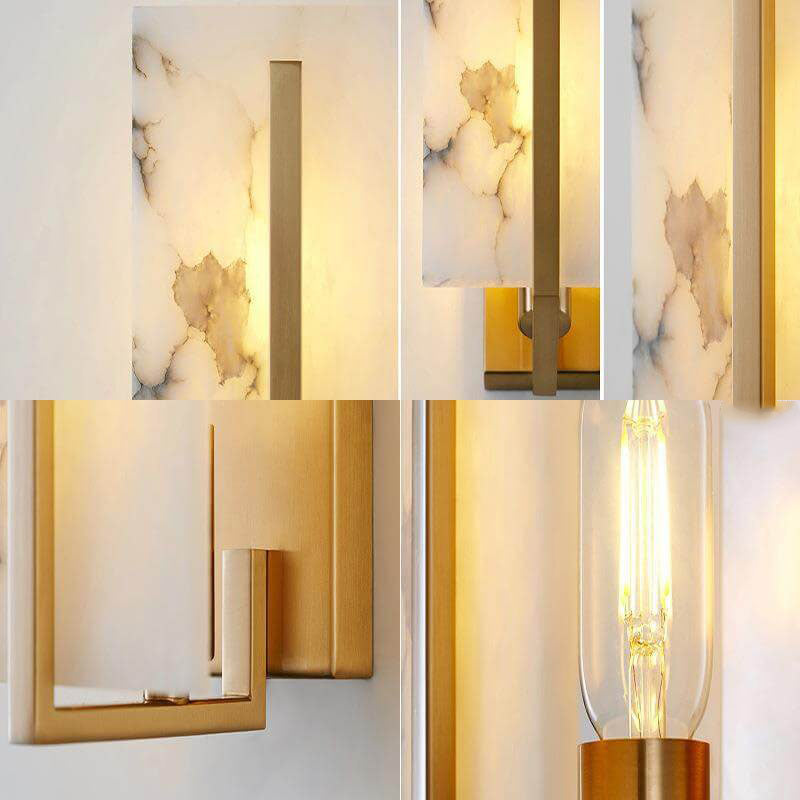 Traditional Chinese Marble Copper Square 1-Light Wall Sconce Lamp For Bedroom