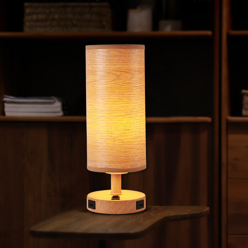 Moderne Tischlampe mit Holzmaserung Stoffschirm 1-Licht 