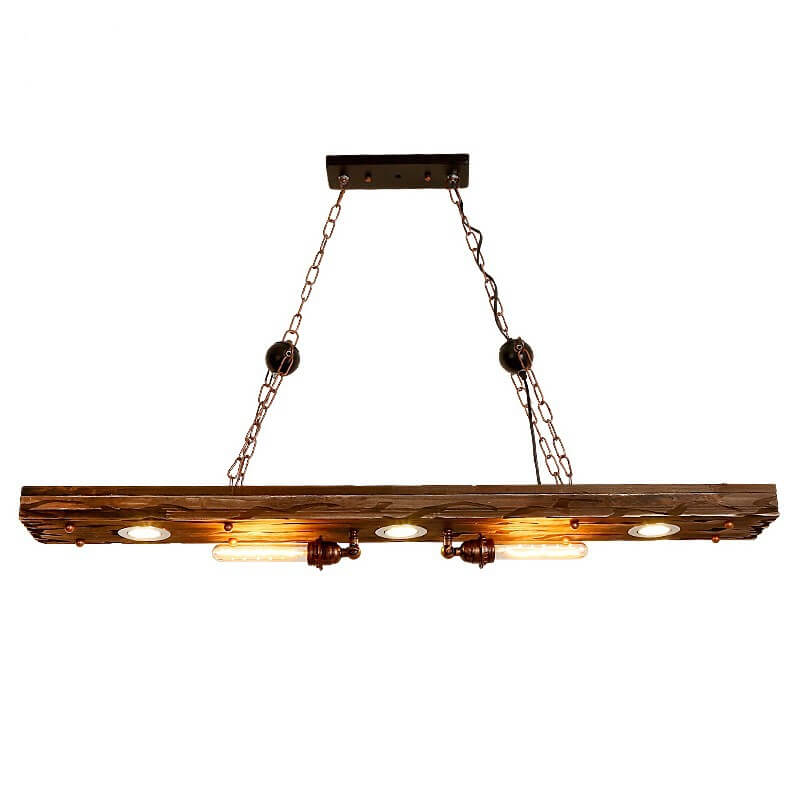 Lámpara de araña rectangular de madera y hierro industrial retro de 5 luces para isla 