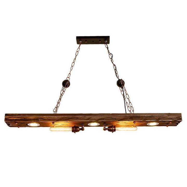 Lámpara de araña rectangular de madera y hierro industrial retro de 5 luces para isla 