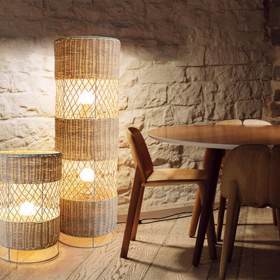 Minimalist Rattan Weaving Round Column 1/2 Light Standing Floor Lamp