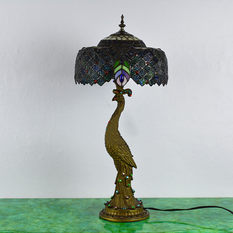 Vintage Tiffany Peacock Gem Dome Glass Resin 1-Light Table Lamp