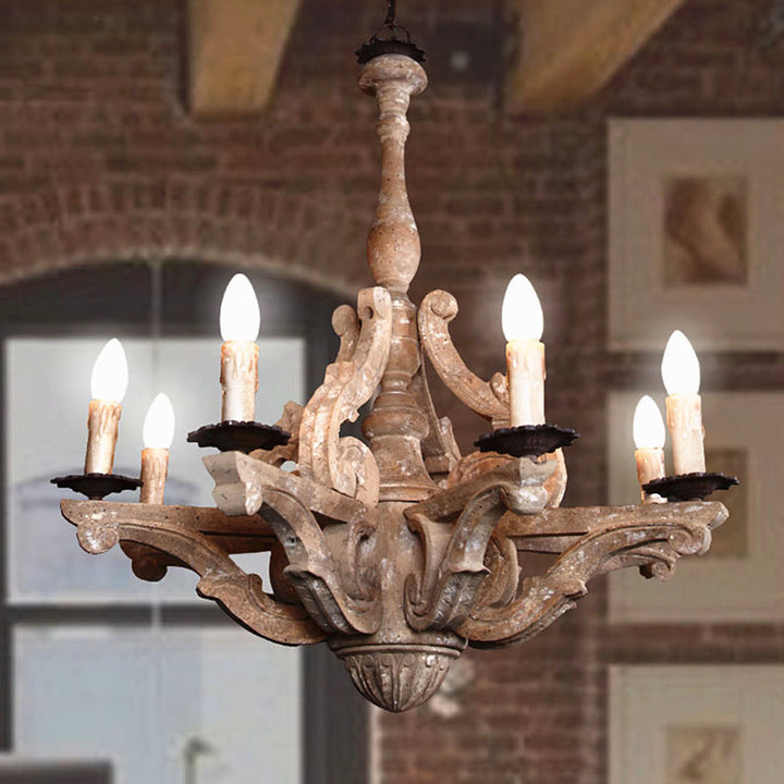 European Rustic Vintage Solid Wood 8-Light Chandelier