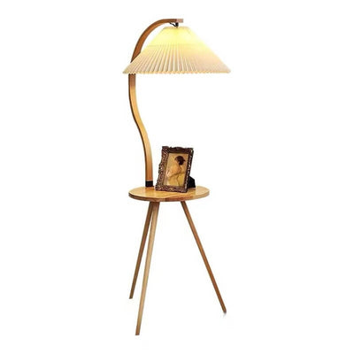 Vintage Pleated Solid Wood Tray Decorative 1-Light Standing Floor Lamp