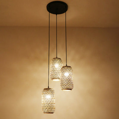 Modern Minimalist Rattan Weaving Column 3-Light Island Light Chandelier