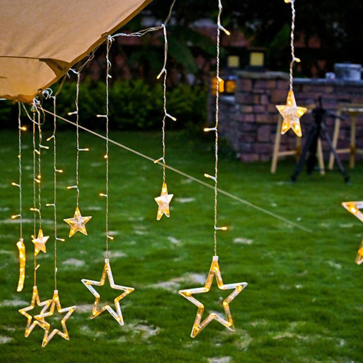 LED-Solar-Stern-Mond-Vorhang-Licht-Weihnachtsterrasse im Freien Dekorative Camping-Schnur-Lichter 