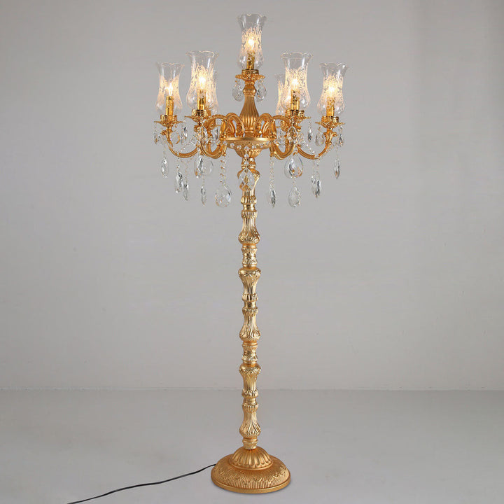 Traditional Luxury Golden Crystal Zinc Alloy Candle Holder 7-Light Standing Floor Lamp For Bedroom