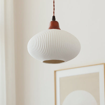 Japanese Vintage Pleated Ceramic Round Dome Wood 1-Light Pendant Light