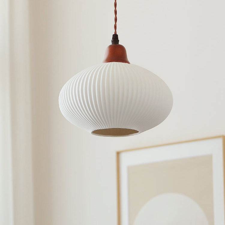 Japanese Vintage Pleated Ceramic Round Dome Wood 1-Light Pendant Light