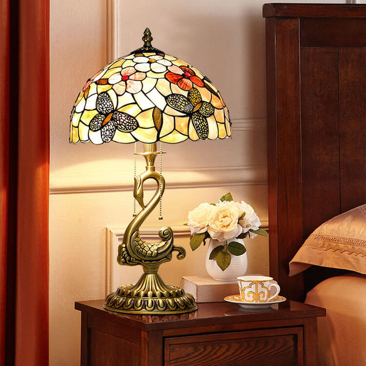 Lámpara de Mesa Tiffany Vintage de Vidrio con Motivo Floral y Cisne de 2 Luces 