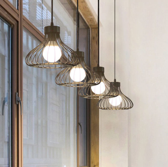 Zeitgenössischer industrieller Eisen-Schwarzer ovaler, hohler Käfig-1/3-Licht-Insel-Licht-Kronleuchter für das Wohnzimmer 