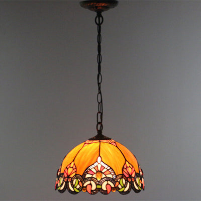 Vintage Tiffany Orange Stained Glass Dome Antique 1-Light Pendant Light