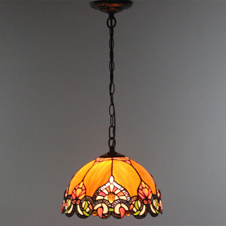 Vintage Tiffany Orange Stained Glass Dome Antique 1-Light Pendant Light