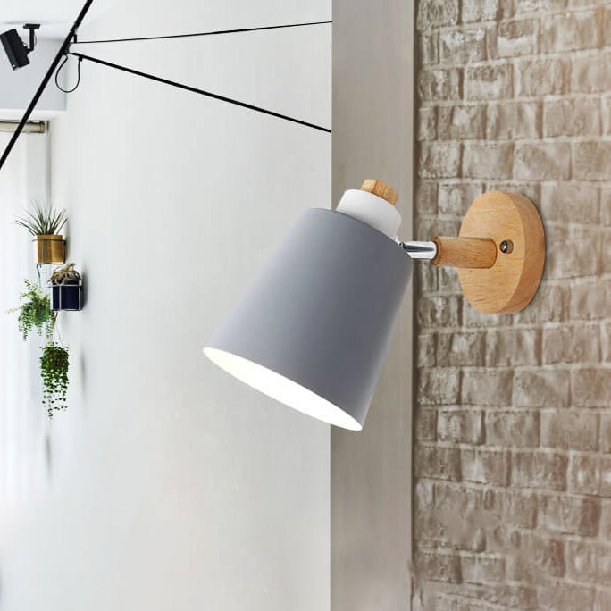 Minimalist Macaron Barrel Shade Wooden Chassis Plug 1-Light Wall Sconce Lamp for Living Room