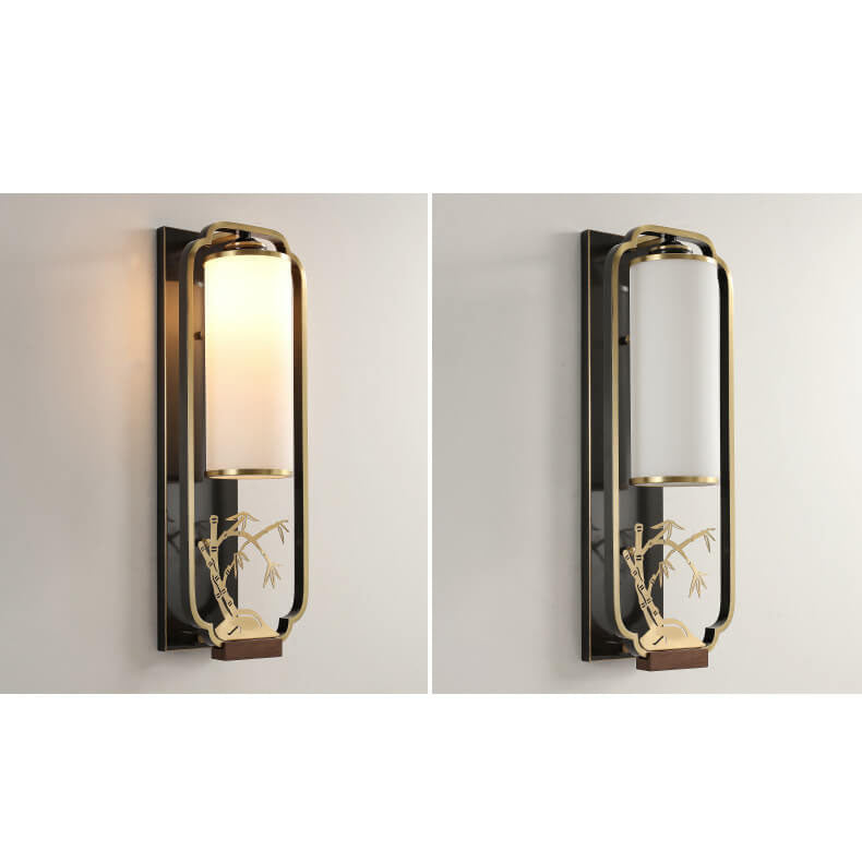 Modern New Chinese Copper Glass Column Ring 1-Light Wall Sconce Lamp