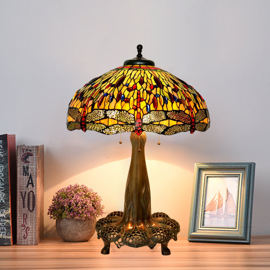 Traditionelle Tiffany Libelle Buntglas Kuppel 3-Licht Tischlampe für Studie 